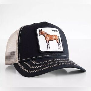 Black and Tan Men's trucker hat with horse patch